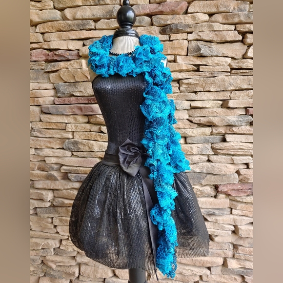 Vintage Accessories - Vintage Teal Ombre Ruffled Hand Crochet Sequins Bohemian Scarf | Preppy